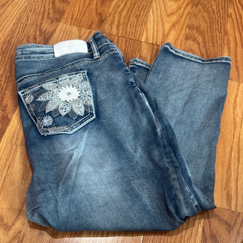 Hydraulic Denim Boot Cut Jeans with Floral Detail